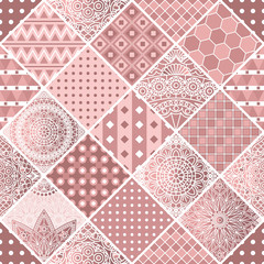 Dusty pink patchwork with geometric and mandala patterns. Vector design.