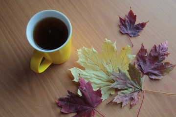 Tea in a mug and red and yellow leaves on the table.