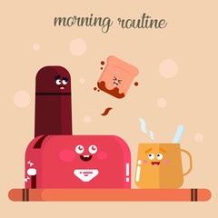 Cartoon of thermos, toast, bread and cup. flat design illustration