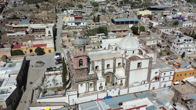 Aerial Drone view of Iglesia Real de Catorce in San Luis Potosí. Catholic church in Mexico tourism destination. Abandoned mining city and pilgrimage site for catholics and Huichol shamanist.
