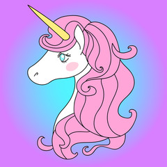 Beautiful unicorn head with pink hair and blue eyes.