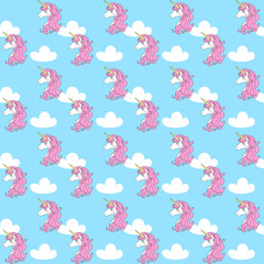 Beautiful unicorn with pink hair on a blue background. Seamless vector pattern.