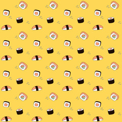 Sushi and rolls seamless vector pattern on a yellow background.