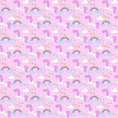 Beautiful unicorns and a rainbow. Seamless vector pattern. Pink background