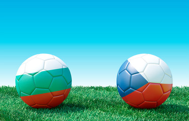 Two soccer balls in flags colors on green grass. Bulgaria and Czech Republic. EURO 2020. Group A. 3d image