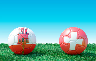 Fototapeta premium Two soccer balls in flags colors on green grass. Gibraltar and Switzerland. EURO 2020. Group D. 3d image