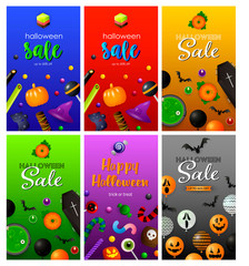 Halloween green, violet, red banner set with balloons, sweets