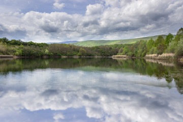 Fototapeta na wymiar Beautiful, sunlit, vivid green trees in a forest during early spring around Sukovo lake reflecting the trees and cloudy sky in a calm water