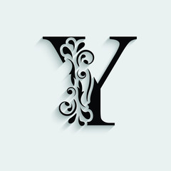 letter Y. Black flower alphabet.  Beautiful capital letters with shadow