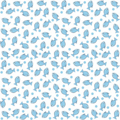 Pattern of watercolor blue fish on a white background