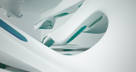 Abstract smooth architectural white interior with color gradient glass sculpture with water and  large windows. 3D illustration and rendering.
