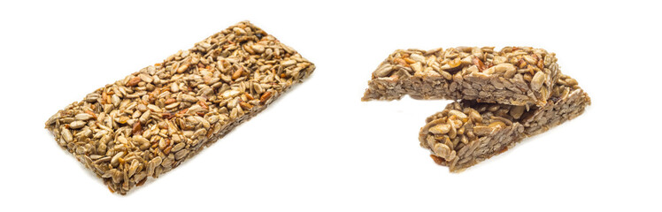 Collage tasty dietary food crispy cracker with sunflower seeds isolated on white background