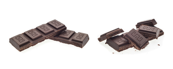 Collage with tasty sweet dark chocolate isolated on white background
