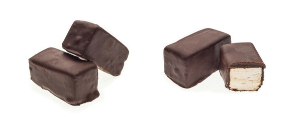 Collage with tasty sweet chocolate marshmallows isolated on white background