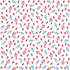 Pattern of watercolor blue and red fish on a white background