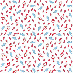 Pattern of watercolor blue and red fish on a white background