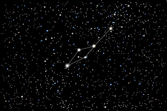 Vector illustration of the constellation Leo Minor (lesser Lion) on a starry black sky background. The astronomical cluster of stars in the constellation in the northern celestial hemisphere. 