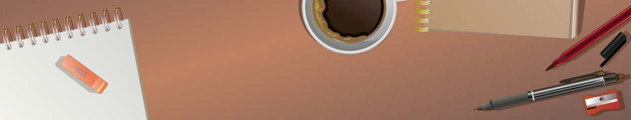 Workspace office, desk, desktop. Top view. Vector background illustration. Stationery work space. Place for working, cabinet table.