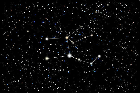 Vector illustration of the constellation Pegasus (Winged Horse) on a starry black sky background. The astronomical cluster of stars in the constellation in the northern celestial hemisphere. 
