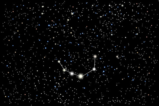 Vector illustration of the constellation Corona Borealis (Northern Crown) on a starry black sky background. The astronomical cluster of stars in the constellation in the northern celestial hemisphere.
