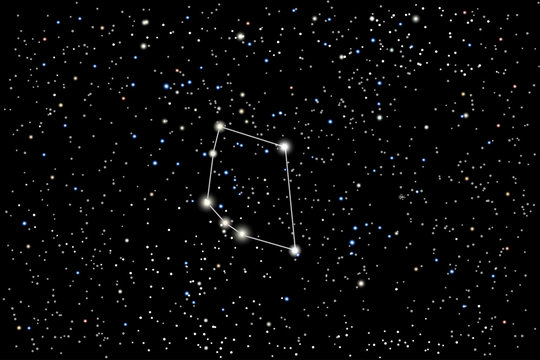 Vector illustration of the constellation Sextans (Sextant) on a starry black sky background. The astronomical cluster of stars in the constellation in equatorial sector of the sky