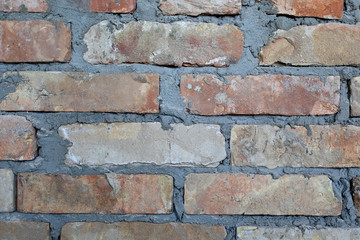 Empty Old Brick Wall Texture. Grunge Red Stonewall Background. Shabby Building Facade With Damaged Plaster. Abstract Web Banner. Copy Space. Old red vintage brick wall. Grunge texture. interior design