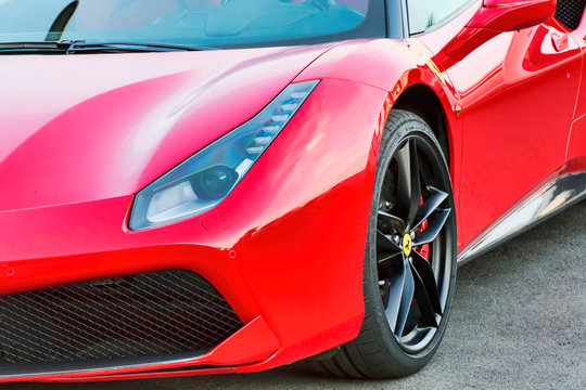  Front detail of the luxury model red sports car Ferrari 488 GTB, Rome, Italy - June 24, 2018