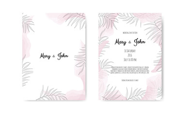 Wedding invite with abstract watercolor style decoration in light tender dusty pink color on white background.