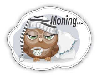 sticker Sleepy Owl with cup of coffee