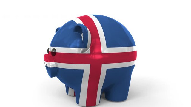 Coins fall into piggy bank painted with flag of Iceland. National banking system or savings related conceptual 3D animation
