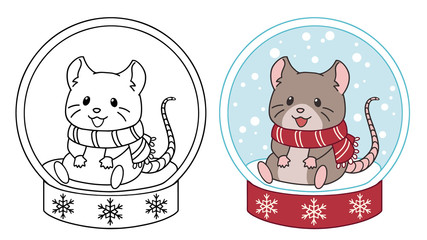 Cute little mouse sitting into the crystal ball. Contour vector illustration isolated on white background. Can be used for coloring book, greeting cards, sticker, tattoo, shirt, design template.