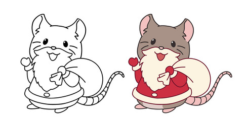 Cute little mouse wearing Santa costume and beard. Contour vector illustration isolated on white background. Can be used for coloring book, greeting cards, sticker, tattoo, shirt, design template.