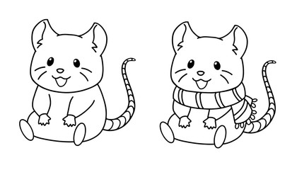 Cute little mouse wearing scarf and sitting. Contour vector illustration isolated on white background.