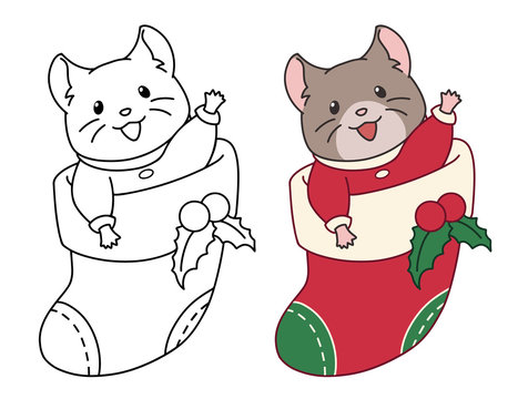 Cute mouse sits in a Christmas sock for gifts. Contour doodle picture for coloring book, sticker, postcard. Vector illustration isolated on a white background.