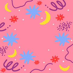 Fototapeta na wymiar Colorful vector background with different elements including moon, flowers, lines and dots. Illustration in pink, blue and yellow shades.
