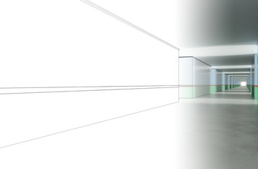 long corridor with doors, interior visualization, 3D illustration