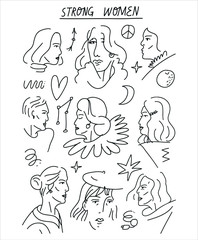Black and white minimalist vector illustration with girls and text. Simple line portraits with different elements including arrow, heart, peace sign. Strong women related image.