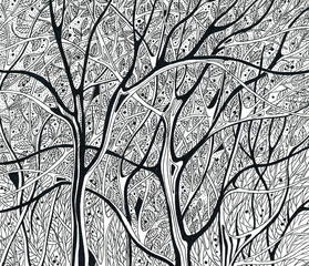 winter trees without leaves black and white graphics drawing