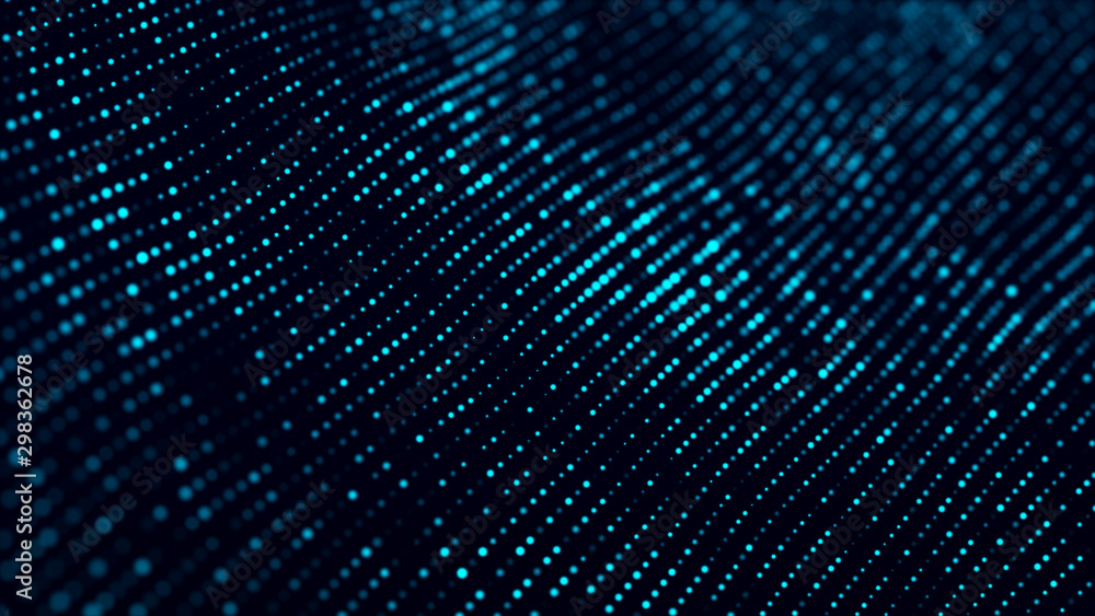 Aufkleber Abstract dark background with movement of luminous particles. Digital technology. 3D rendering.