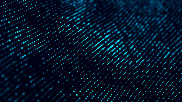 Abstract dark background with movement of luminous particles. Digital technology. 3D rendering.