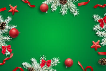 Christmas background for greeting text. Top view, flat lay composition on greed surface.