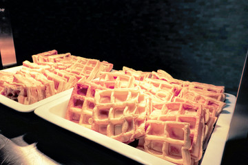 Various buffet cakes in a restaurant for dinner. Food concept.