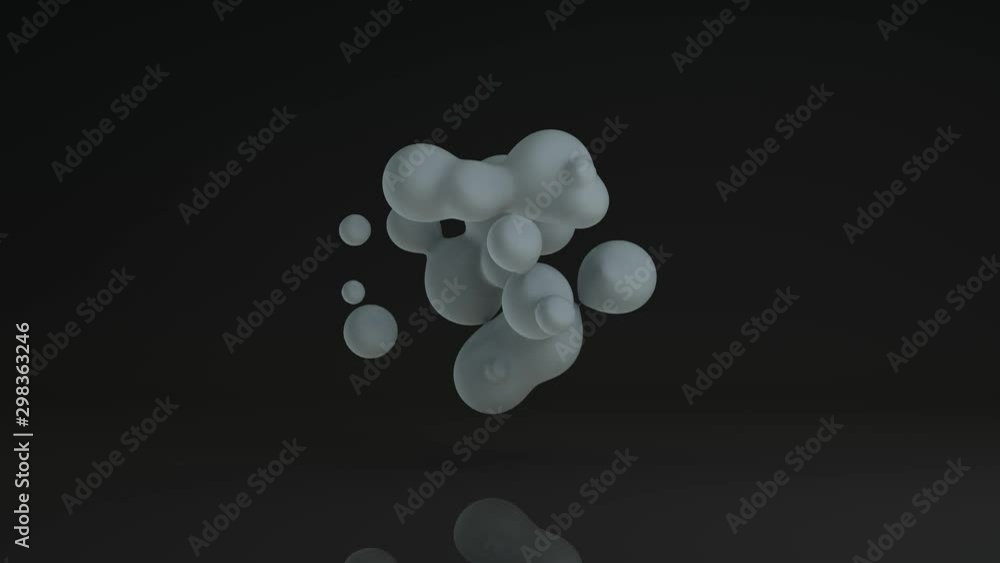 Poster 3d animation of pulsating white drops in a dark space with reflections on the surface. abstract comp