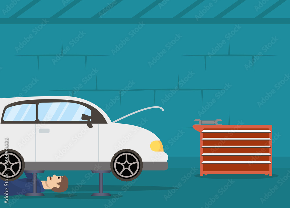 Poster man mechanic working in car character