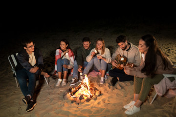 leisure and people concept - group of smiling friends sitting at camp fire on beach and roasting...