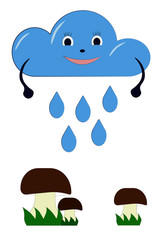 Rainy weather. A cloud from which rain drops fall. After the rain, mushrooms grew. Children drawing