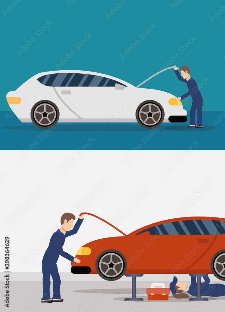 Poster team of mechanics working characters