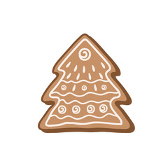 Gingerbread cookie in the form of a Christmas tree. Color vector illustration by hand. Christmas sweetness.