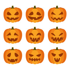 Emotion face pumpkin set, Halloween. Spooky scary horror facial expressions of pumpkins. Carving. Vector illustration on white background
