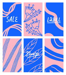 Fototapeta na wymiar Collection of vector illustrations in pink and blue colors. Simple abstract backgrounds with lines and dots. Flower and plant elements. Perfect for cards, instagram stories, labels.